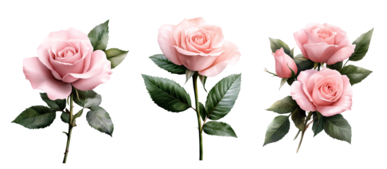 A watercolor painting of a wild rose flower, with soft pink petals and delicate green leaves isolated on transparent background