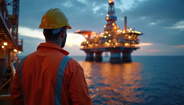 Worker in yellow hard hat and orange jacket watches illuminated oil rig at sea. Offshore platform operates at dusk. Maritime industry scene against cloudy sky reflection on ocean water.