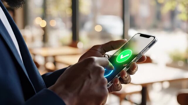 Professional interacts with smartphone displaying glowing green checkmark and blue circle symbols. Mobile interface enables approval, confirmation, validation, and selection decisions through
