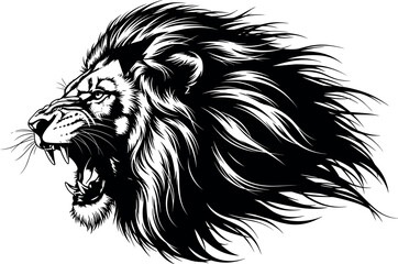 Roaring lion head illustration in black and white style, fierce wild animal profile with stylized mane for tattoo and design.