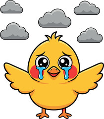 Sad cartoon bird crying with clouds, emotional animal illustration, gloomy weather mood, expressive character art for mental health themes.