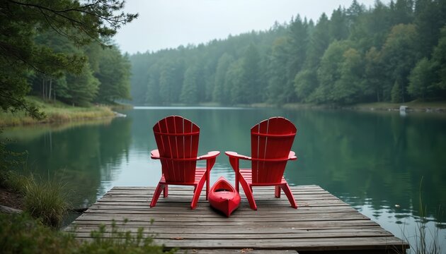 Two red adirondack chairs with kayak on wooden dock by calm lake. Quiet water reflects green forest. Serene scenery perfect escape for summer vacation, relaxation at rustic cottage, cabin life on