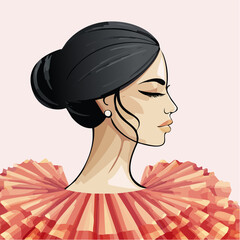 couture profile with pearl drop and layered ruffle; elegant side profile in red ruffled attire on blush background; branding asset for couture boutiques, milliners, and jewelry designers