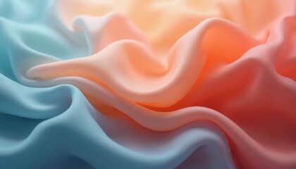 Fototapeta premium Draped fabric shimmers with pastel gradient. Smooth folds create texture. Abstract waves add depth. Soft hues blend. Peach orange blue colors interplay creating ethereal background with a dreamy mood.
