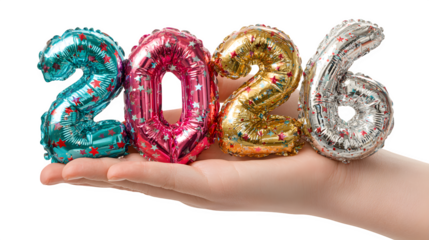 Hand holding colorful 2026 foil balloon isolated on white background