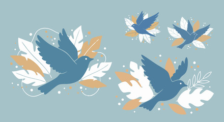 Elegant flying doves with leaves creating a peaceful and serene nature design