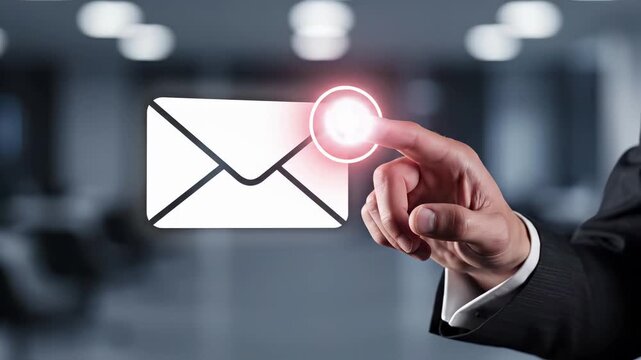 Professional hand points to email envelope with red notification badge number one. Digital communication interface represents unread message alert, inbox, electronic mail delivery, business