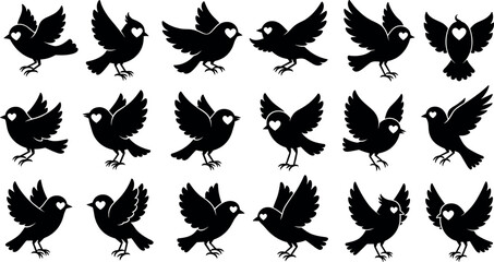 Stylized black bird silhouettes with heart shapes in various poses, perfect for love, nature, wildlife, and decorative design themes.