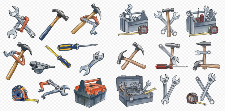A comprehensive watercolor illustration set featuring a variety of essential hand tools and toolboxes for construction and repair projects.