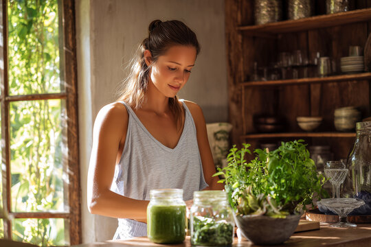 A woman prepares a fresh green smoothie surrounded by fruits, herbs, and supplements, symbolizing mindful nutrition and gut health.