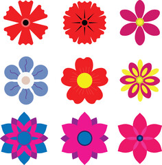 Colorful flower vector set, abstract floral icons collection, modern decorative blossom design isolated on white background