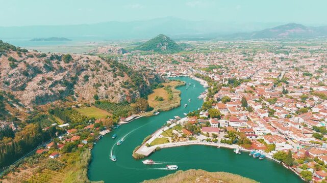 Enchanting Dalyan Muğla Drone Footage - River Cityscape Aerial Panorama 4K Horizontal