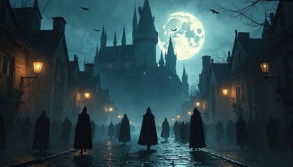 Dark fantasy city at night with people in cloaks heading to castle. Moon shines above gothic buildings. Street lamps illuminate cobblestone road in spooky mystical landscape with bats.