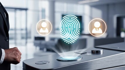 Holographic fingerprint scanner with user profile icons displays biometric authentication system in modern office environment. Professional hand approaches digital security interface for identity - Powered by Adobe