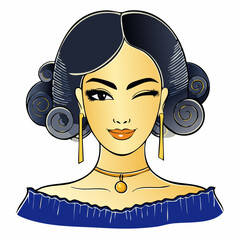 gold‑accessory wink portrait with curly swirl hair and ruffled off‑shoulder blue top