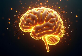 Fototapeta premium Luminous golden brain illustration with sparkling light particles on dark background. Artificial intelligence, neuroscience, mental performance, cognitive function, innovation, mind power concept.
