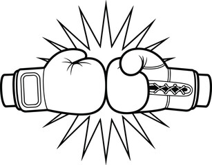 Boxing gloves collision, impact burst illustration, sports confrontation, fighting gear, punch motion, black line art, vector, silhouette, energy, action