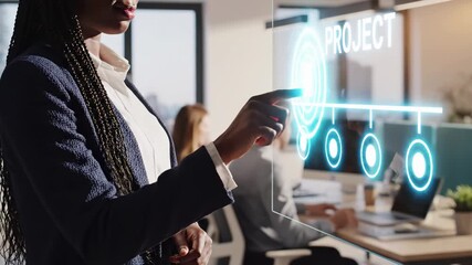 Professional businesswoman interacts with holographic project management interface in modern office. Digital workflow planning, organizational structure visualization, corporate strategy, team - Powered by Adobe