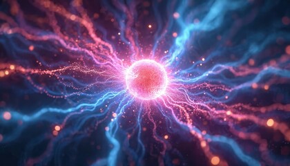 Bright glowing atomic core with pink and blue energy waves swirling outwards. Miniature particles spark and emit light, creating plasma effect. Abstract representation of nuclear fusion power.