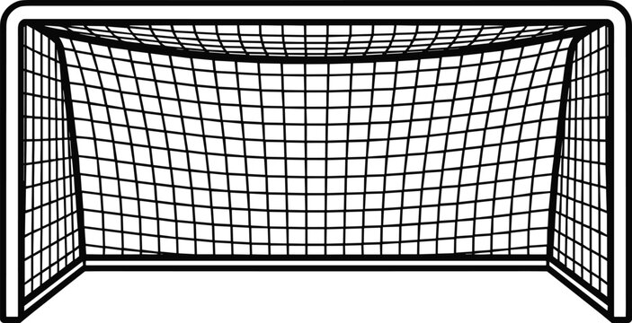 Soccer goalpost vector, black outline, grid net, football equipment, sports target, minimal design, white background, sketch, silhouette, perspective view