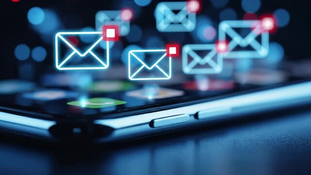 Email marketing notification icons with alert badges above smartphone and tablet. Digital communication, mobile messaging, electronic mail delivery, newsletter campaigns, business correspondence