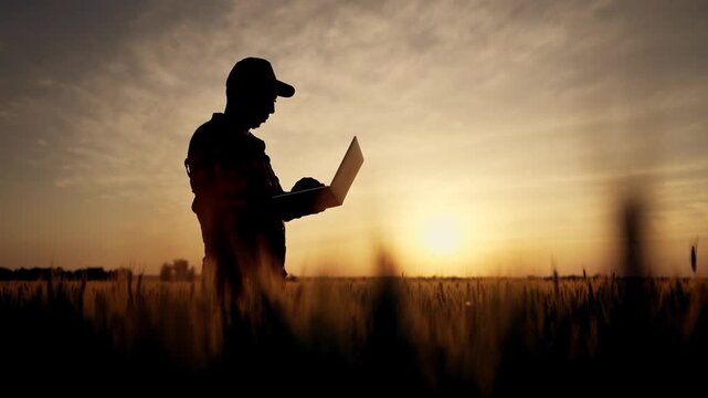 Farmer using laptop in wheat field silhouette at sunset checks crop health among tall stalks modern technology meeting agriculture in rural harvest with laptop and wheat under warm sunset light