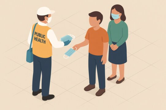 Public health worker distributing protective face masks to people, promoting safety and preventing virus spread during a pandemic