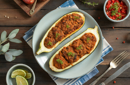 Syrian cuisine. Makdous. Stuffed zucchini or eggplant.

Top view