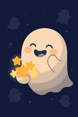 A charming, friendly cartoon ghost with a wide smile happily clutches a cluster of twinkling golden stars, gently floating against a magical dark night sky.