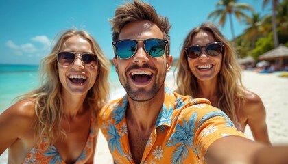 Three smiling friends take selfie at beach. People wear sunglasses and swimwear, enjoy tropical vacation. Happy group has fun on sunny day by blue ocean water.