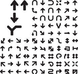 Collection of black arrow icons and symbols on a white background direction navigation
