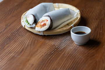 Close-Up of Sushi Burrito in Presentation