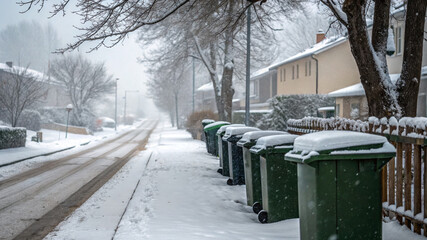 Snow-covered trash bins lined along a quiet street in winter. Snowfall blankets green bins with snowflakes creating a serene winter scene. Concept of urban winter landscapes and seasonal changes.