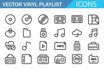 Flat linear media icons — music notes, player buttons, mp3, and folder graphics for interfaces