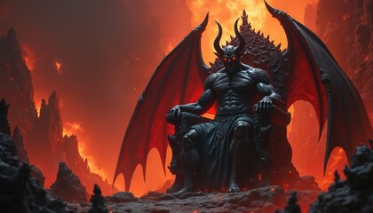 Demonic figure with horns and wings sits on ornate throne in hellish landscape. Fiery background and glowing red eyes convey evil power. A powerful king rules fiery underworld.