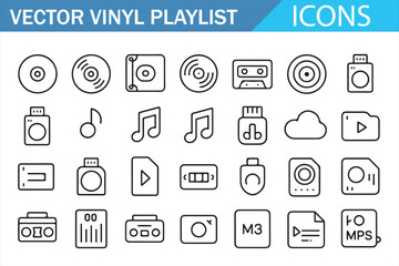 Linear audio media icon set — vinyl, cassette, notes, and player controls for apps and web design