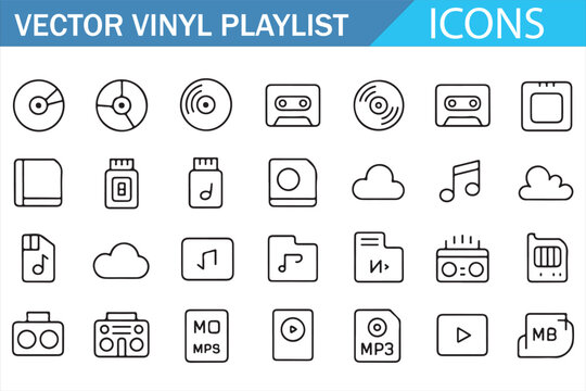 Modern line icon collection for audio and playlists &mdash; app-ready media controls and files