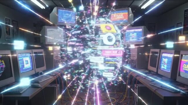 Vivid Abstract Digital Data Flowing Through A Retro Desktop Computer Lab Network