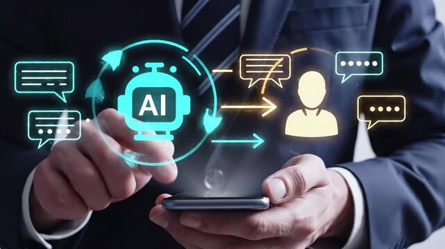 Artificial intelligence chatbot concept with businessman using smartphone. Ai powered customer service, automated conversation, digital assistant communication, virtual support technology, messaging