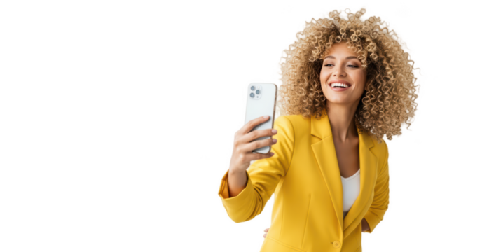 A woman with curly hair taking a selfie, wearing a yellow blazer, against transparent background