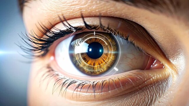 Close up of a futuristic human eye with digital interface overlay. - Powered by Adobe