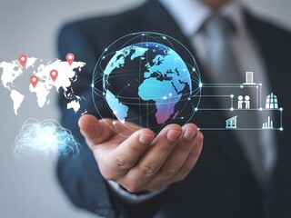 Businessman presenting global network and worldwide connections in digital marketing and technology