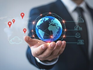 Businessman holding a digital globe representing global business and worldwide connections
