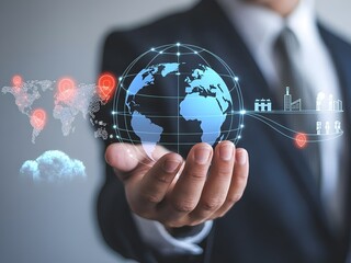 Businessman holding a digital globe with world map and global network concept
