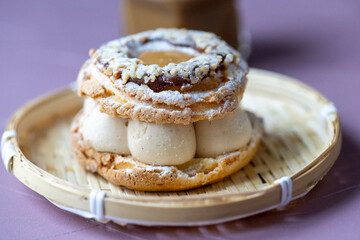 Close-Up of Pistachio and Pumpkin Christmas Paris-Brest Dessert
