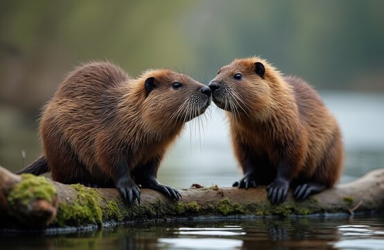 Two beavers sit together on a branch. Wild rodents face each other in nature. Beavers are in a wild environment by a river. Animals are next to water.