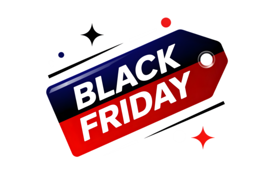 Black friday tag graphic with text and abstract elements isolated on transparent background