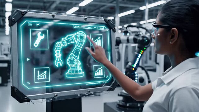 Industrial engineer operating robotic arm control panel with digital interface in smart factory. Manufacturing automation, production monitoring, industry 4.0 technology, robotics analytics dashboard