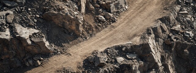 Fototapeta premium Path with deep tire marks cutting through rocky landscape, concept of mining, industry, geology and human impact on nature. banner 