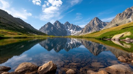 A serene mountain landscape with a calm lake reflecting majestic peaks under a clear blue sky, surrounded by lush greenery.